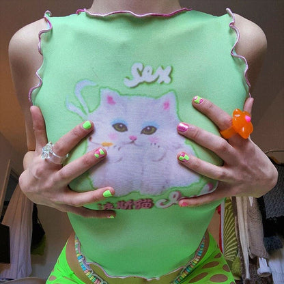 Y2K Green Kitty Crop Top - Tops