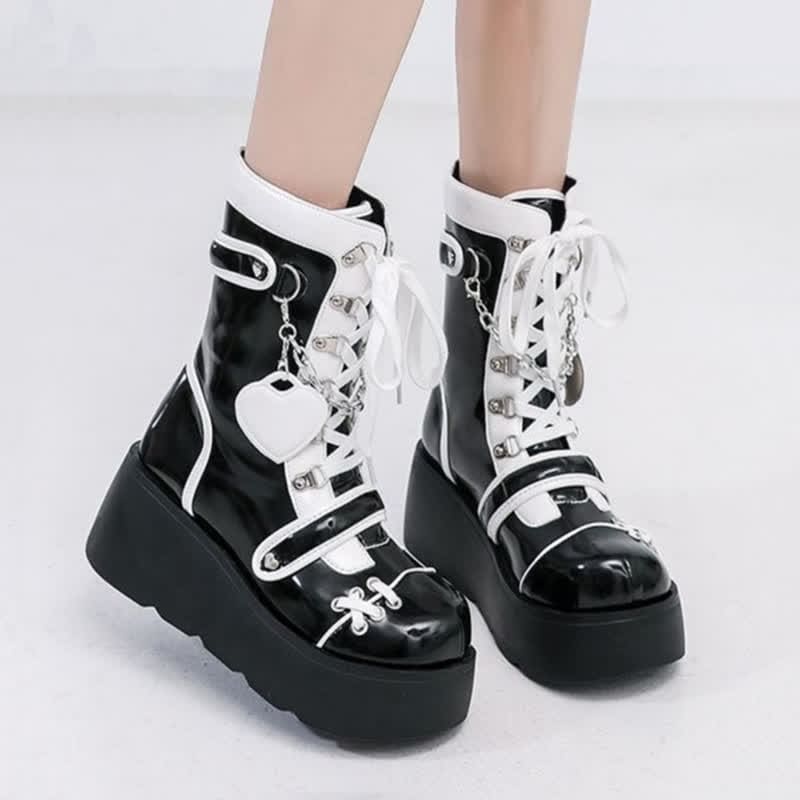 Y2K Heart Decor Lace Up Platform Lolita Martin Boots