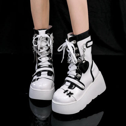 Y2K Heart Decor Lace Up Platform Lolita Martin Boots