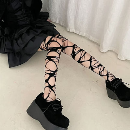 Y2K Hollow Out Ripped Stockings - Black A / One Size