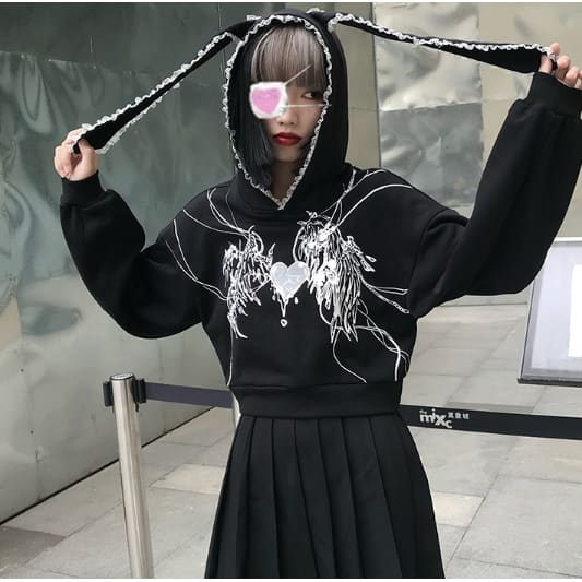Y2K Lace Rabbit Hat Harajuku Print O-neck Punk Hoodie