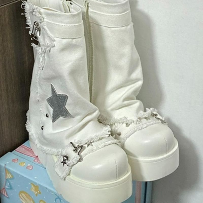 Y2K Lolita Star High-Heeled Boots - White / 34/US5