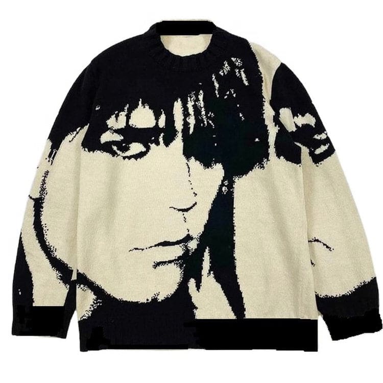 Y2K Man Face Sweater - M / White/black - Sweater