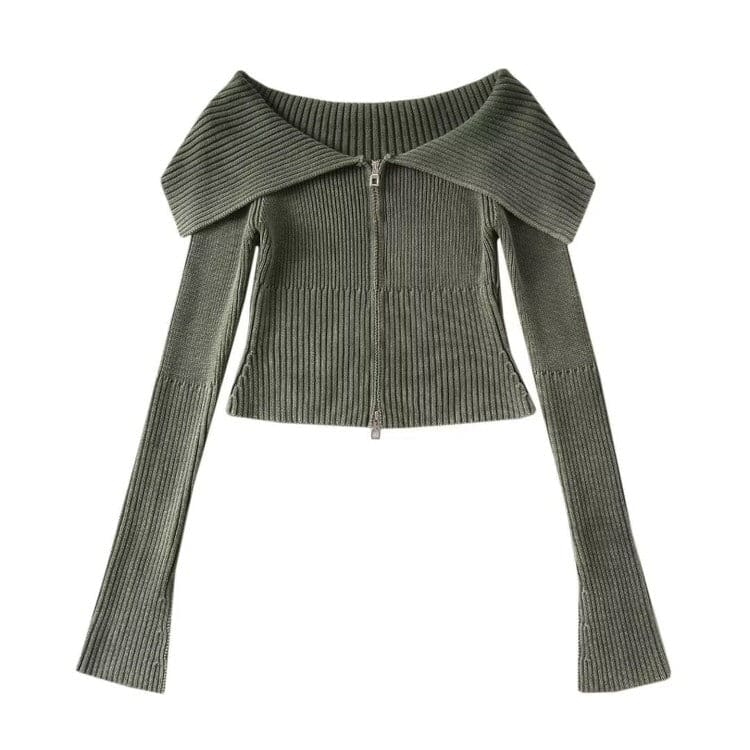 Y2K Off-Shoulder Zip-Up Top - S / Army green - Tops