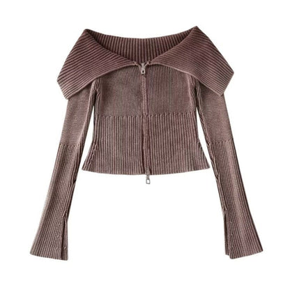 Y2K Off-Shoulder Zip-Up Top - S / Mocha - Tops