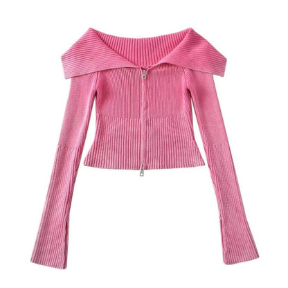 Y2K Off-Shoulder Zip-Up Top - S / Pink - Tops