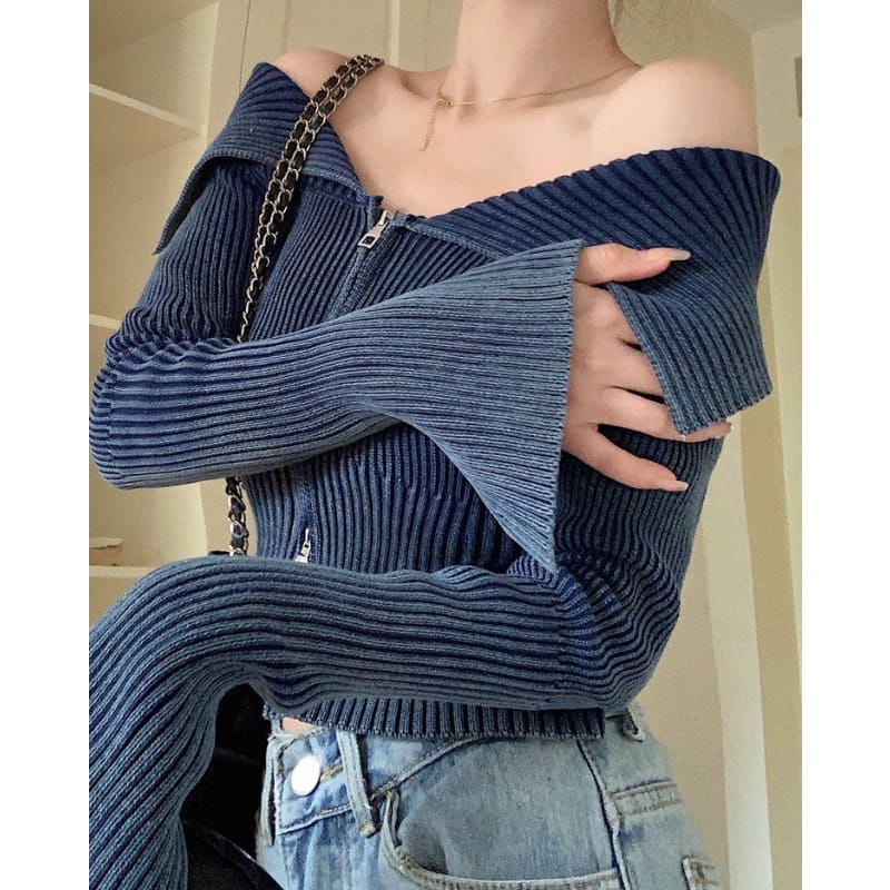 Y2K Off-Shoulder Zip-Up Top - Tops