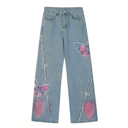 Y2K Pink Butterfly Wide Leg Jeans - Jeans