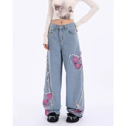 Y2K Pink Butterfly Wide Leg Jeans - Jeans