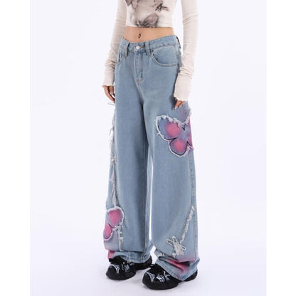 Y2K Pink Butterfly Wide Leg Jeans - Jeans