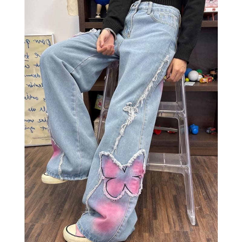 Y2K Pink Butterfly Wide Leg Jeans - Jeans