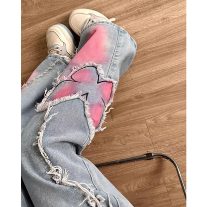 Y2K Pink Butterfly Wide Leg Jeans - Jeans