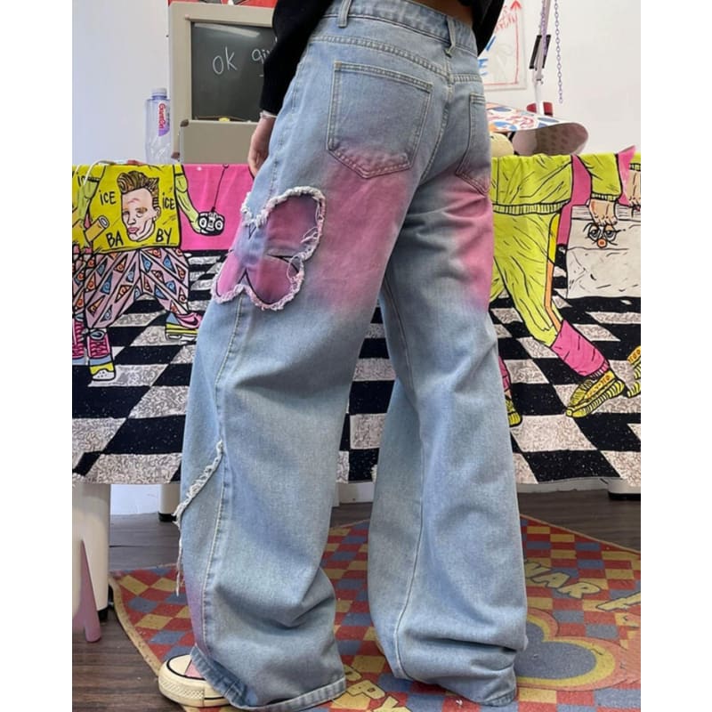 Y2K Pink Butterfly Wide Leg Jeans - Jeans