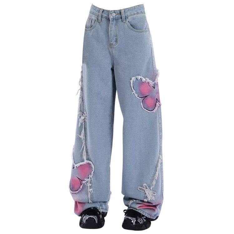 Y2K Pink Butterfly Wide Leg Jeans - S / Blue - Jeans