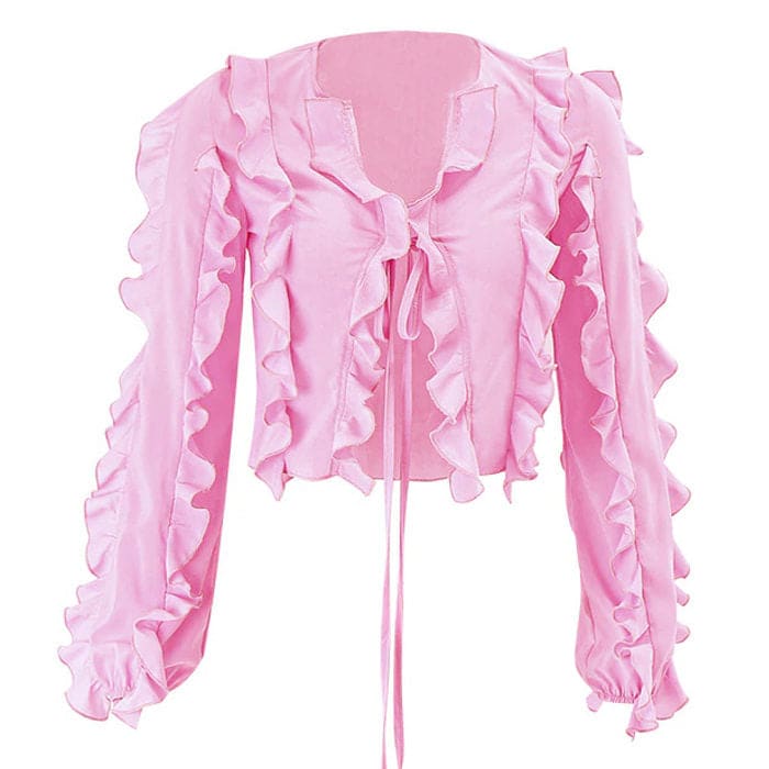 Y2K Pink Ruffle Cardigan - Tops