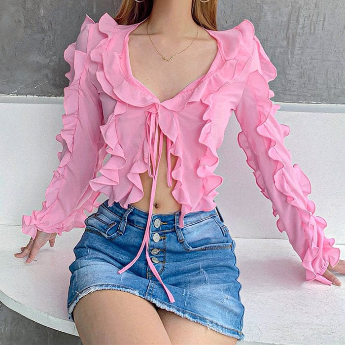 Y2K Pink Ruffle Cardigan - Tops