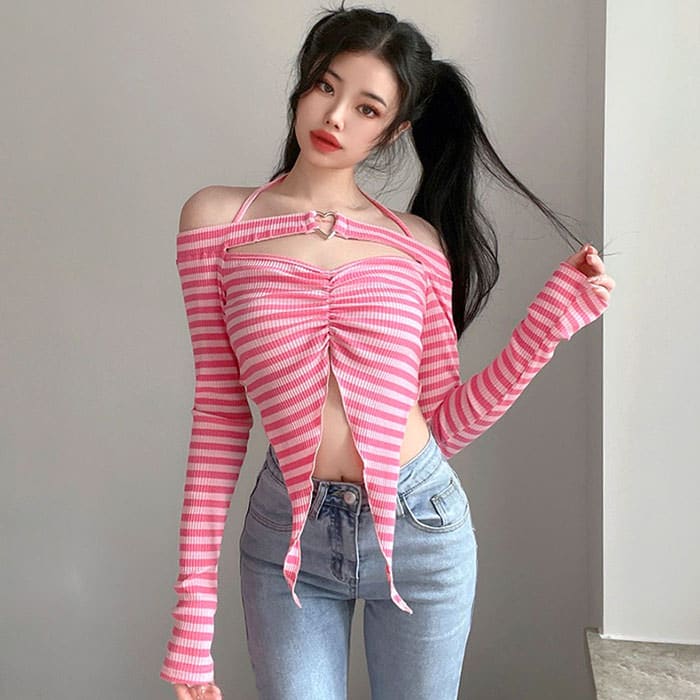 Y2K Pink Striped Top - Free Size / Pink - Tops