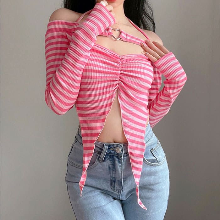 Y2K Pink Striped Top - Free Size / Pink - Tops