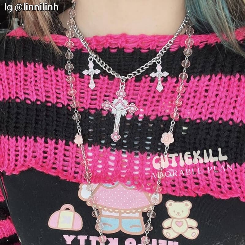 Y2k Punk Cross Necklace - Pink - Necklaces