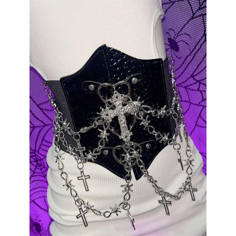 Y2K Punk Crosses Black Heart Corset Belt - Black / Free Size