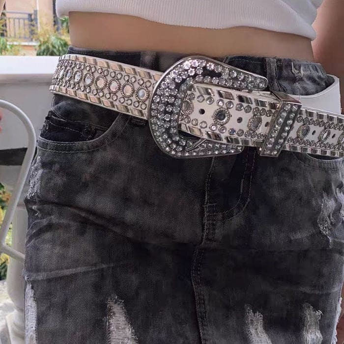 Y2K Rhinestone Belt - White - Belts