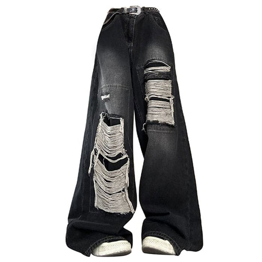 Y2K Ripped Wide Jeans - S / Black - Jeans