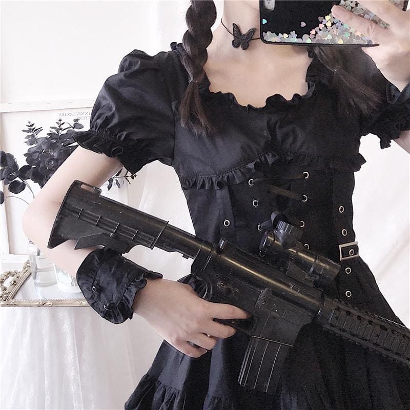 Y2K Ruffle Lace Up Buckle Gothic Sweet Dress