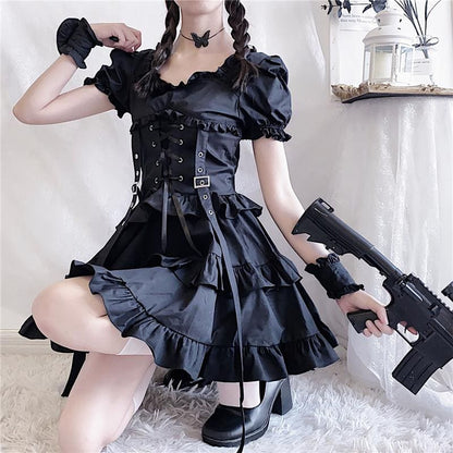 Y2K Ruffle Lace Up Buckle Gothic Sweet Dress