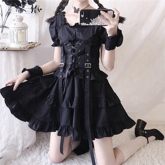 Y2K Ruffle Lace Up Buckle Gothic Sweet Dress - Black / S