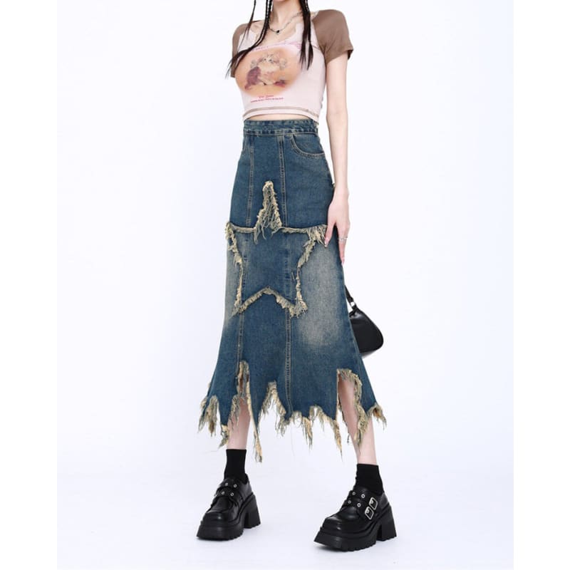 Y2K Star Long Denim Skirt - Skirt