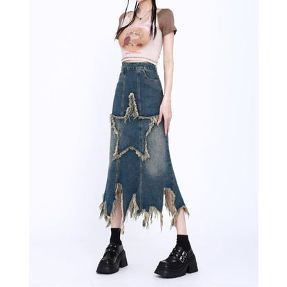 Y2K Star Long Denim Skirt - Skirt