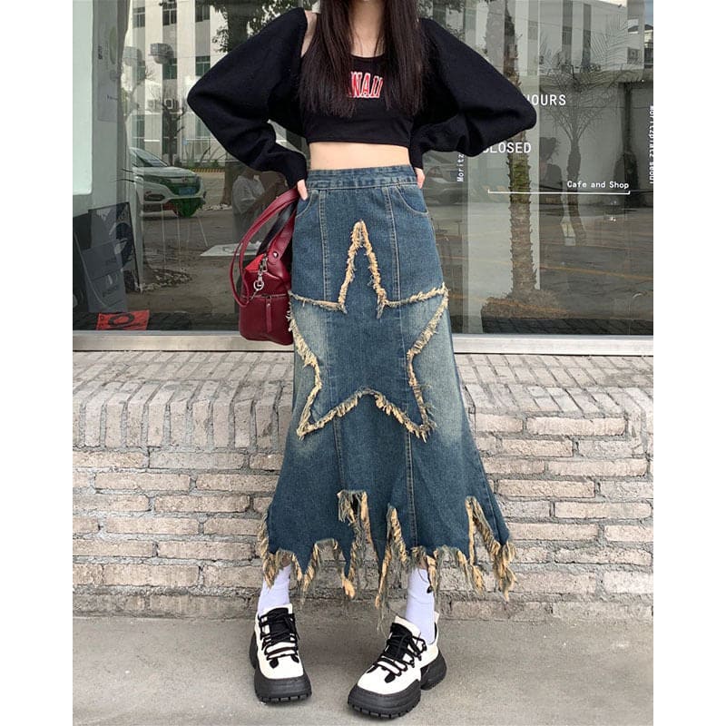 Y2K Star Long Denim Skirt - Skirt