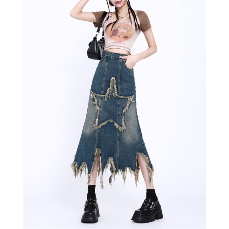 Y2K Star Long Denim Skirt - Skirt