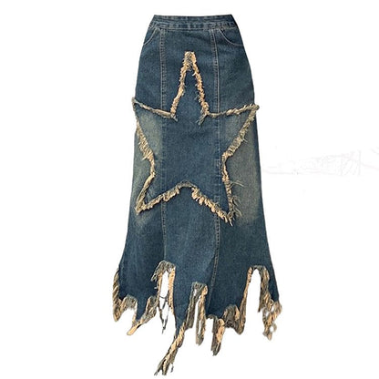 Y2K Star Long Denim Skirt - S / Dark Blue - Skirt