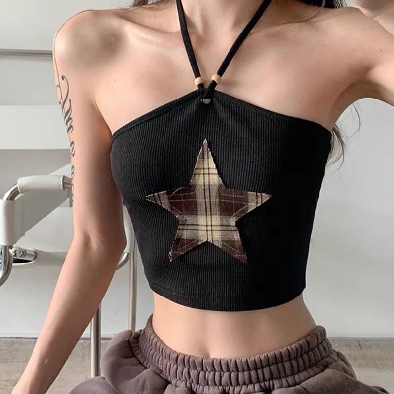 Y2K Star Patch Halter Crop Top - Tops