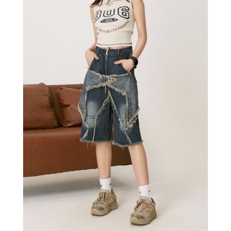 Y2K Star Patch High-Waisted Denim Shorts - Shorts