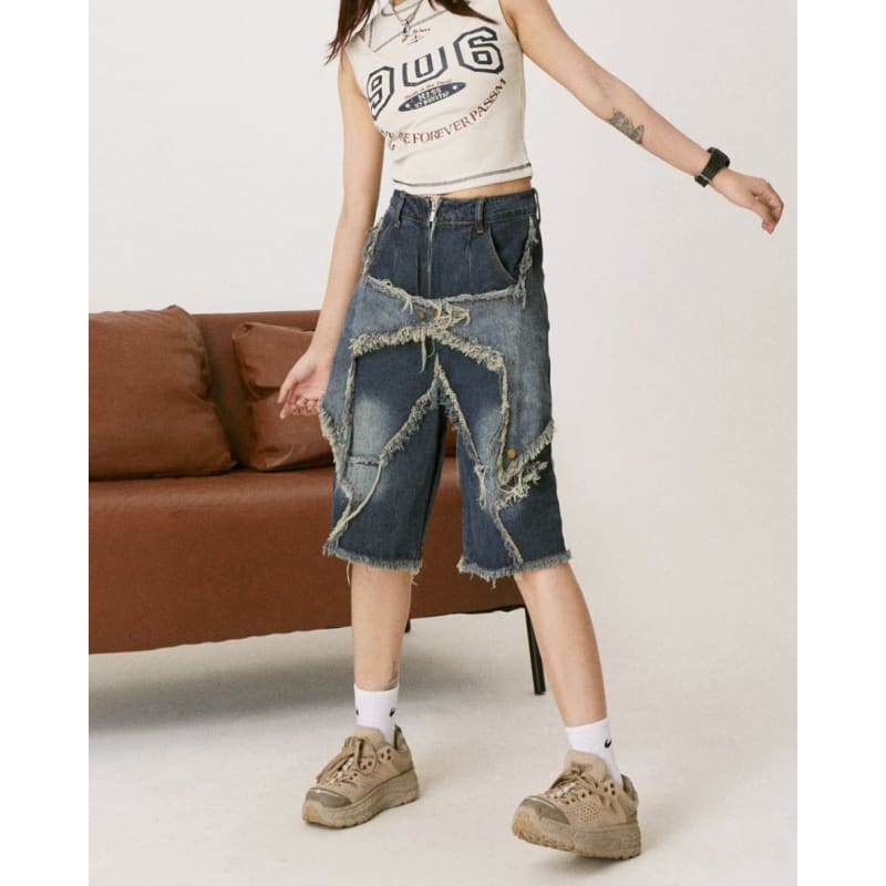 Y2K Star Patch High-Waisted Denim Shorts - Shorts