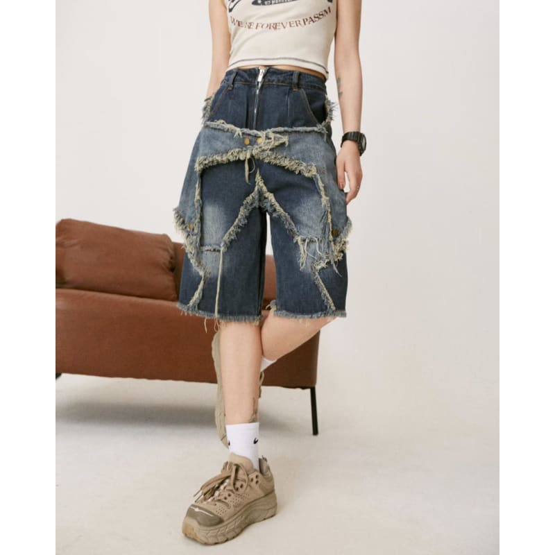 Y2K Star Patch High-Waisted Denim Shorts - Shorts