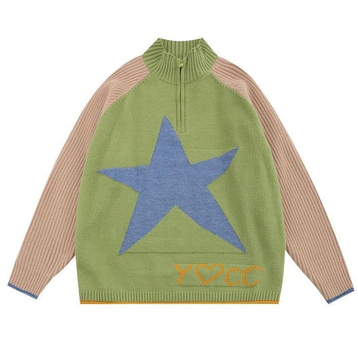 Y2K Star Print Zip Up Up Jumper - M / Green - Sweater