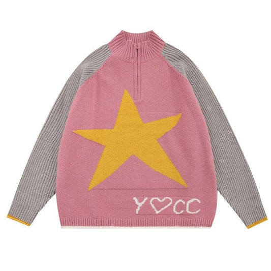 Y2K Star Print Zip Up Up Jumper - M / Pink - Sweater