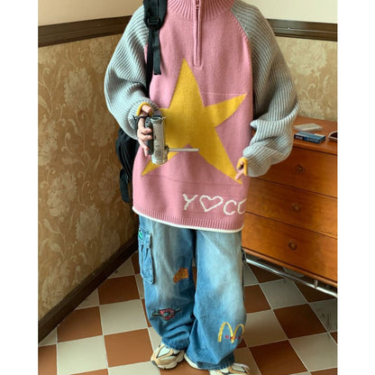 Y2K Star Print Zip Up Up Jumper - Sweater