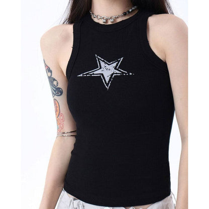 Y2K Star Ribbed Top - S / Black - Tops