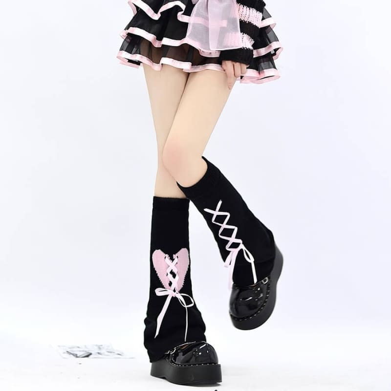 Y2K Sweet Heart Leg Warmer - Black with pink ribbons - leg