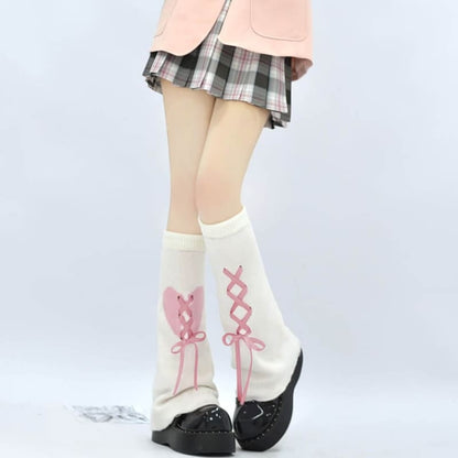 Y2K Sweet Heart Leg Warmer - White with pink ribbons - leg