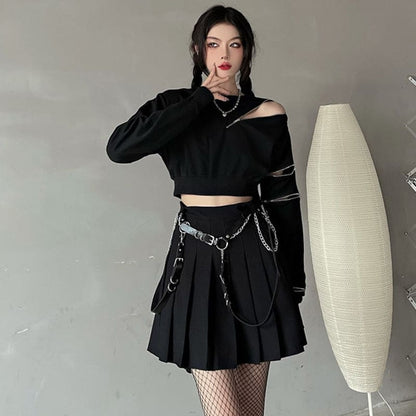 Y2K Zipper Short Sweatshirt Waistband Pleated Skirt Set