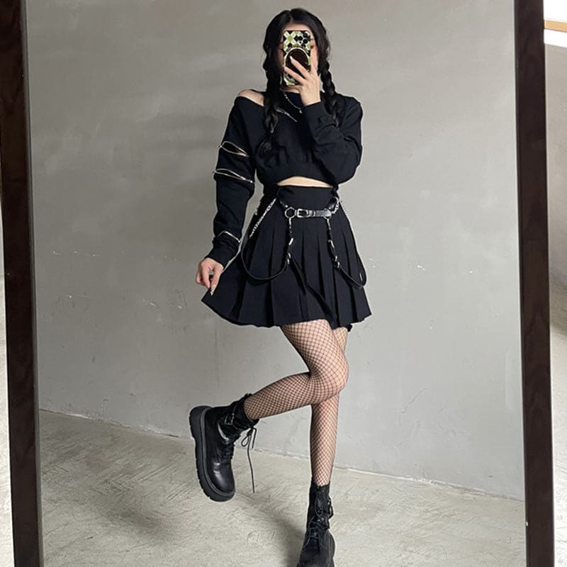 Y2K Zipper Short Sweatshirt Waistband Pleated Skirt Set