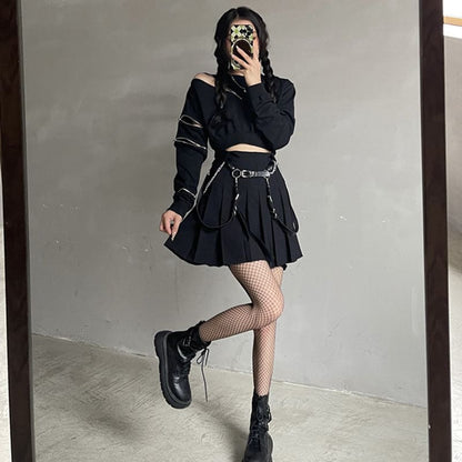 Y2K Zipper Short Sweatshirt Waistband Pleated Skirt Set