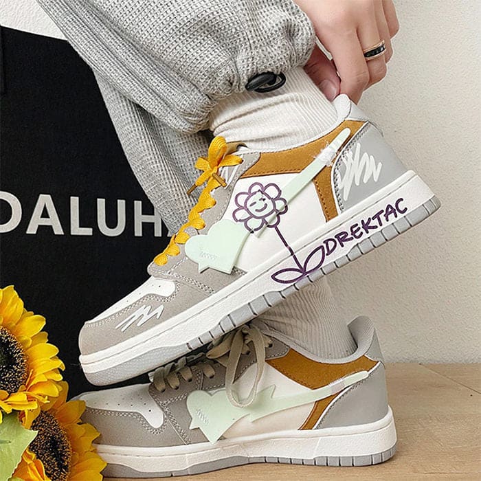 Yellow and Grey Flower Sneakers - Sneakers