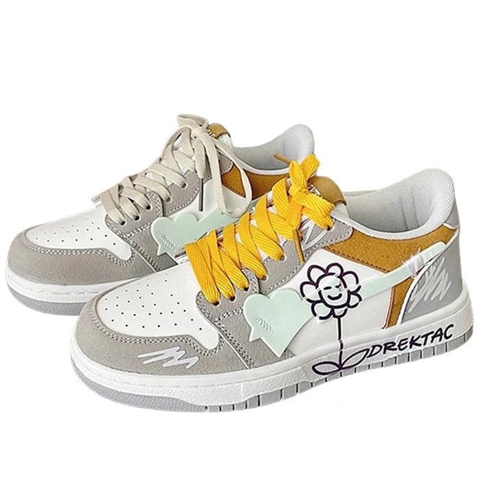 Yellow and Grey Flower Sneakers - Sneakers