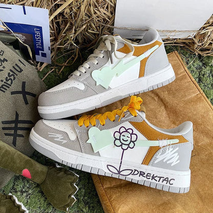 Yellow and Grey Flower Sneakers - Sneakers